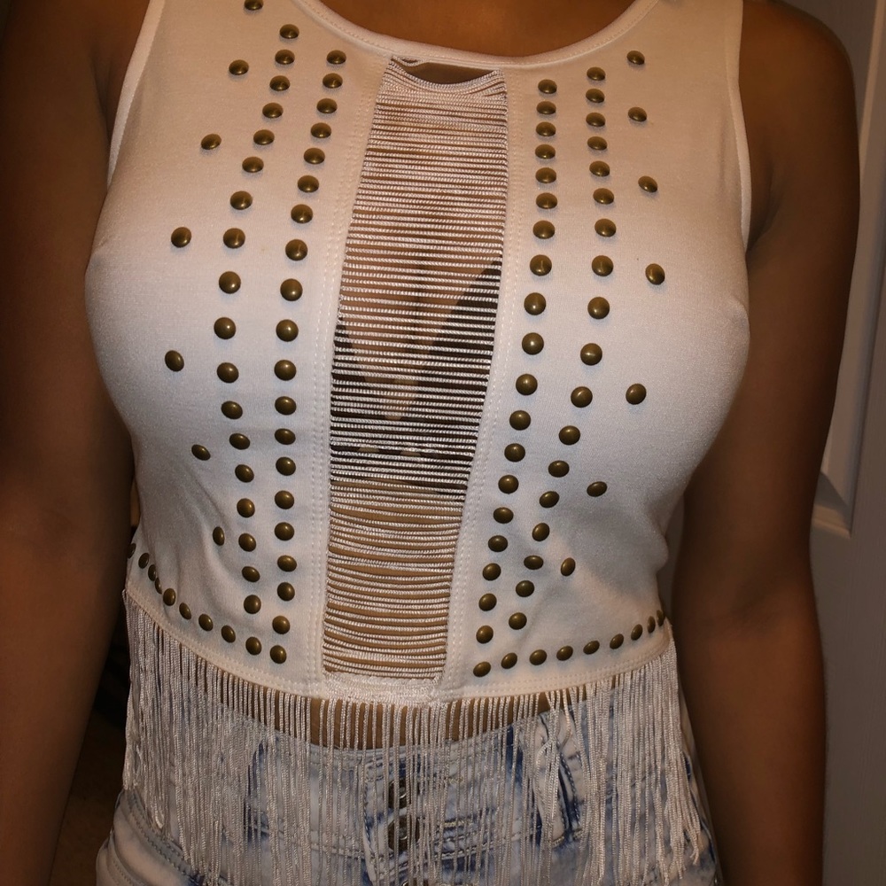 Bebe white fringe top